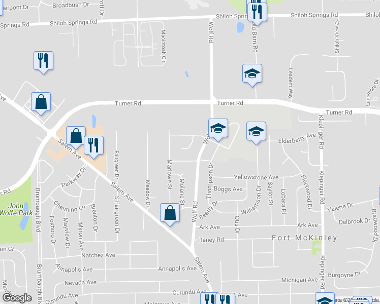 map of restaurants, bars, coffee shops, grocery stores, and more near 4400 Faraday Court in Dayton