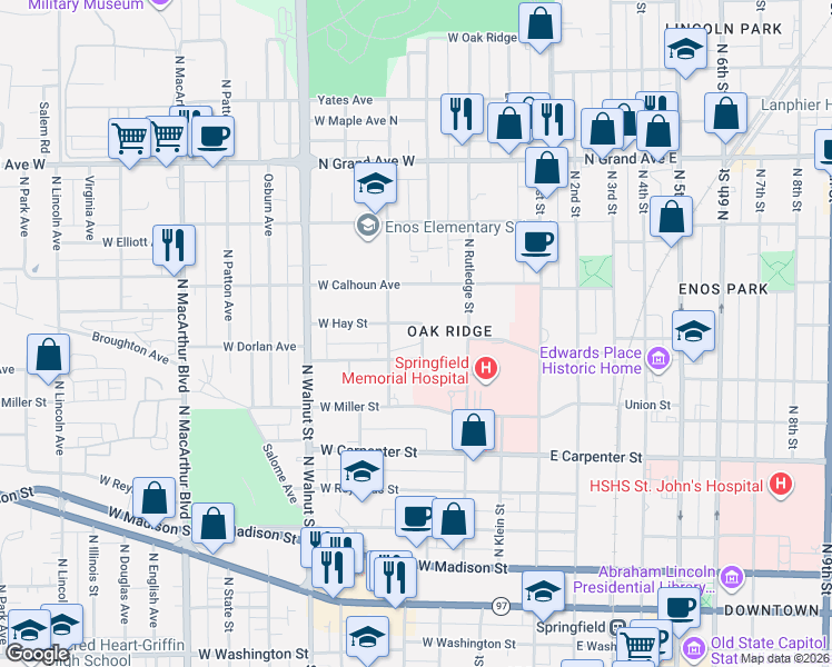 map of restaurants, bars, coffee shops, grocery stores, and more near 407 West Hay Street in Springfield