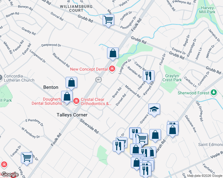map of restaurants, bars, coffee shops, grocery stores, and more near 2401 Marleton Drive in Wilmington