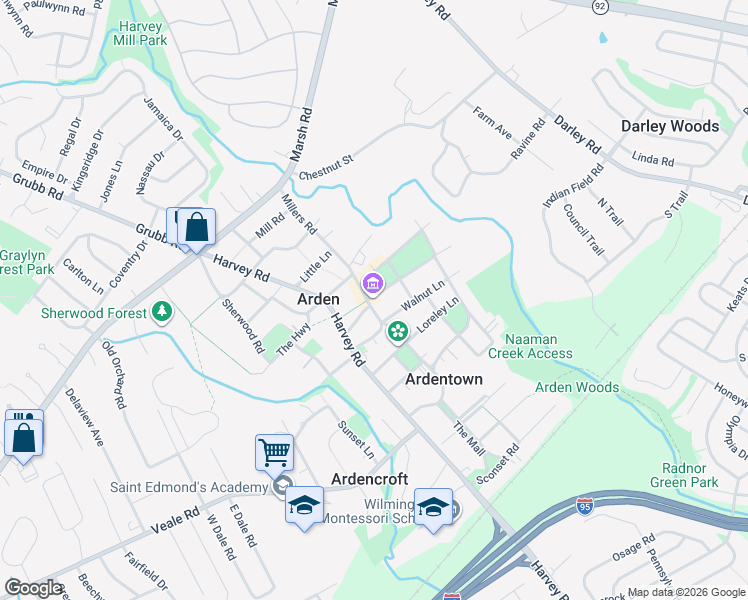 map of restaurants, bars, coffee shops, grocery stores, and more near 1807 Millers Road in Wilmington