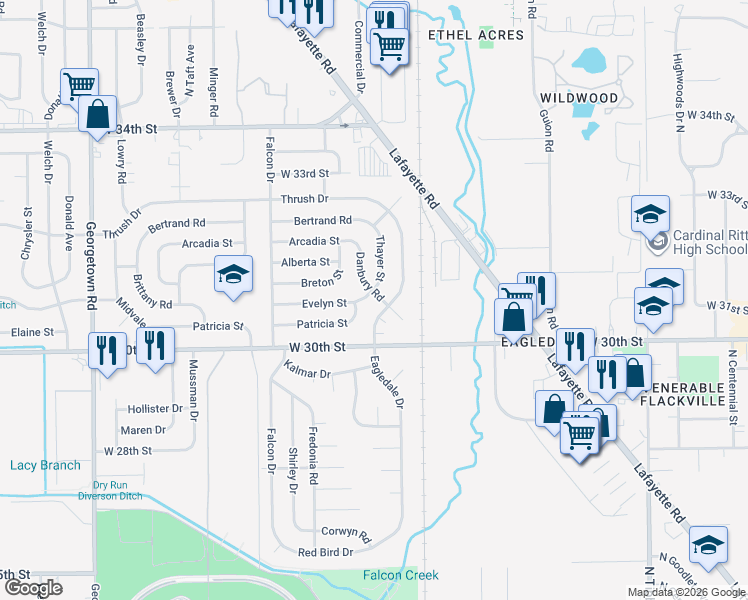 map of restaurants, bars, coffee shops, grocery stores, and more near 3107 Thayer Street in Indianapolis