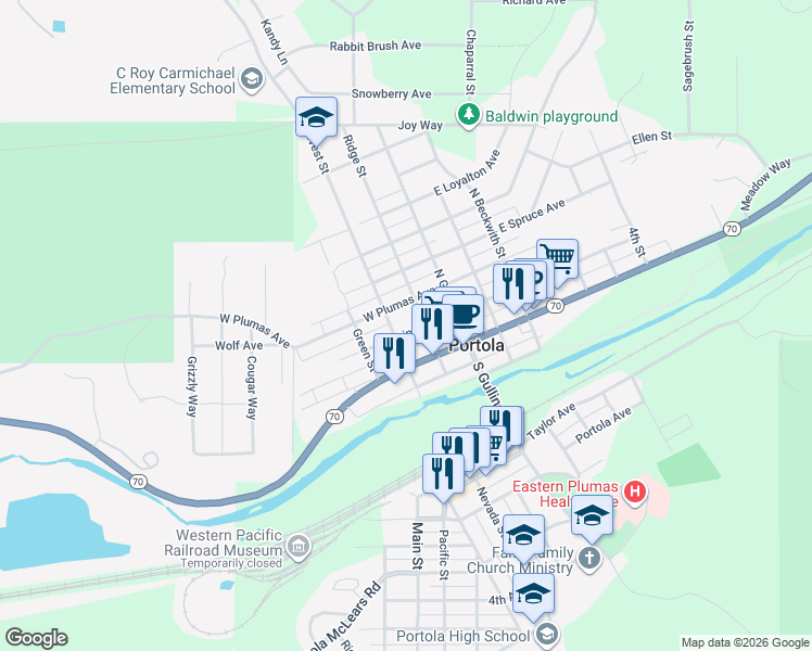 map of restaurants, bars, coffee shops, grocery stores, and more near 165 W Plumas Ave in Portola