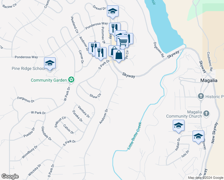 map of restaurants, bars, coffee shops, grocery stores, and more near 13821 Andover Drive in Magalia
