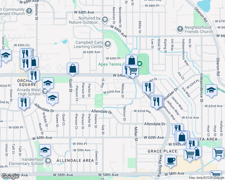 map of restaurants, bars, coffee shops, grocery stores, and more near 10693 West 63rd Drive in Arvada