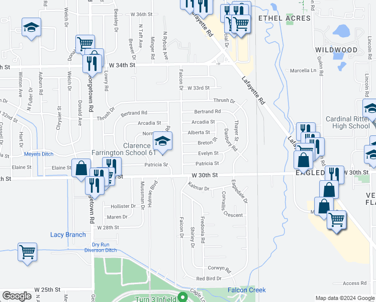 map of restaurants, bars, coffee shops, grocery stores, and more near 4132 Evelyn Street in Indianapolis