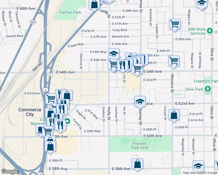 map of restaurants, bars, coffee shops, grocery stores, and more near 6301 Holly Street in Commerce City