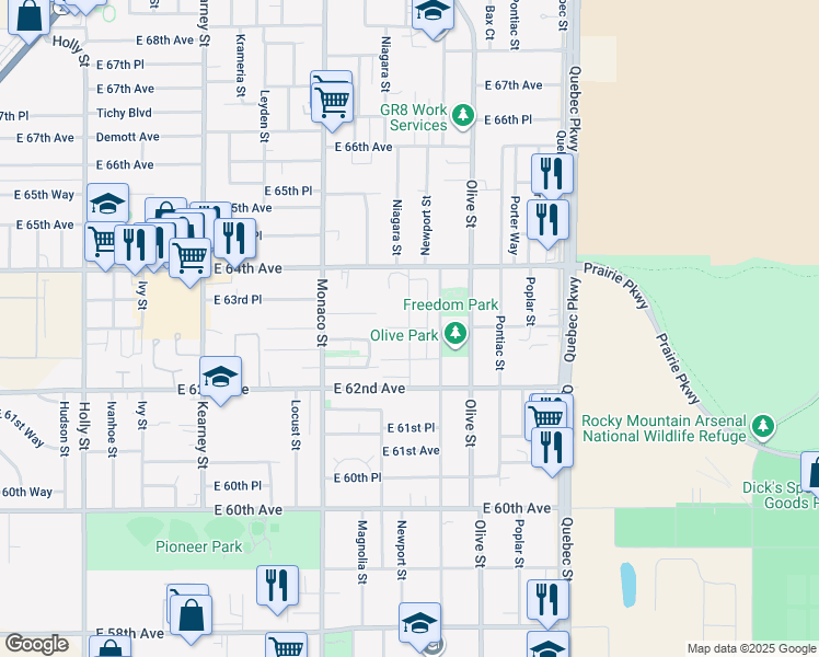 map of restaurants, bars, coffee shops, grocery stores, and more near 6841 East 62nd Avenue in Commerce City