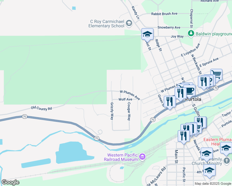 map of restaurants, bars, coffee shops, grocery stores, and more near 900-910 West Plumas Avenue in Portola