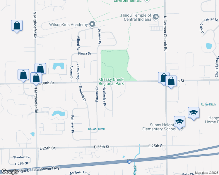 map of restaurants, bars, coffee shops, grocery stores, and more near 2924 Grassy Creek Drive in Indianapolis