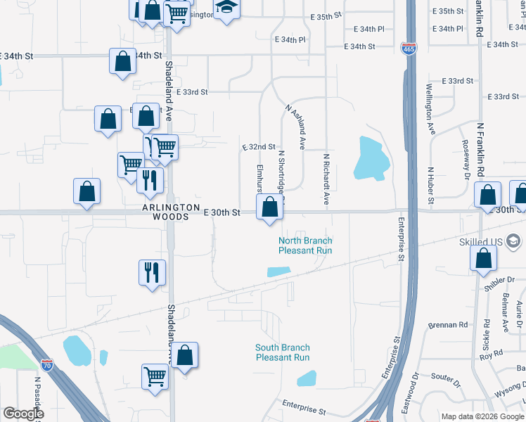 map of restaurants, bars, coffee shops, grocery stores, and more near 7302 30th Street in Indianapolis