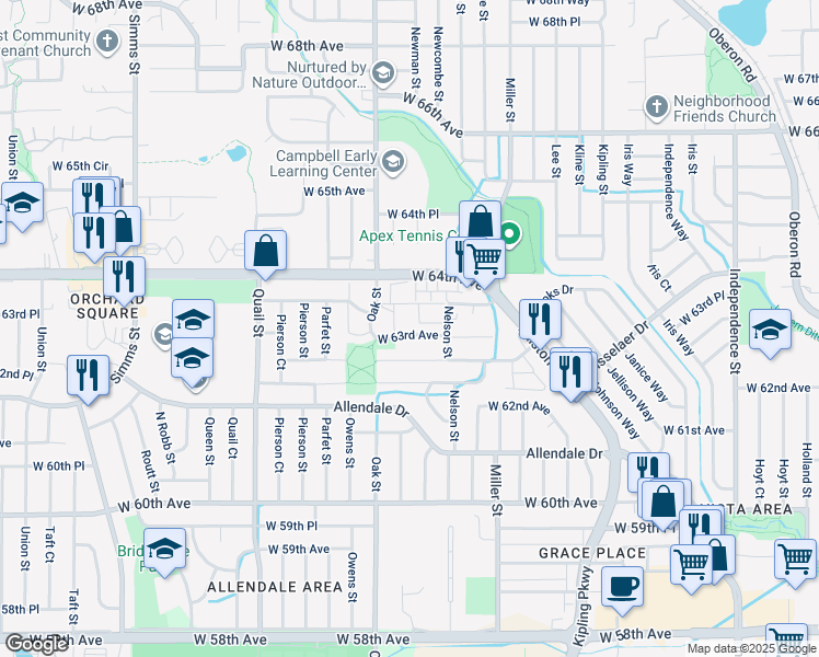 map of restaurants, bars, coffee shops, grocery stores, and more near 10693 West 63rd Drive in Arvada