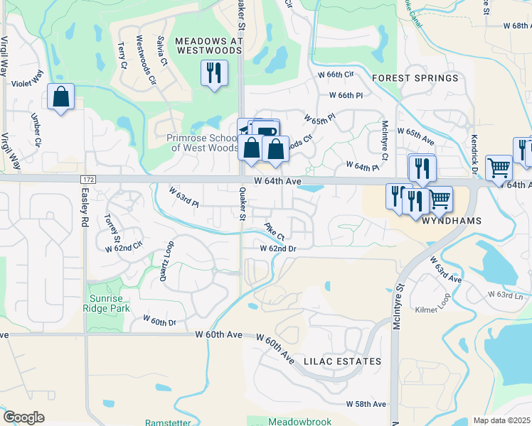 map of restaurants, bars, coffee shops, grocery stores, and more near 16313 West 63rd Place in Arvada