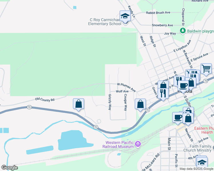 map of restaurants, bars, coffee shops, grocery stores, and more near 940-956 West Plumas Avenue in Portola