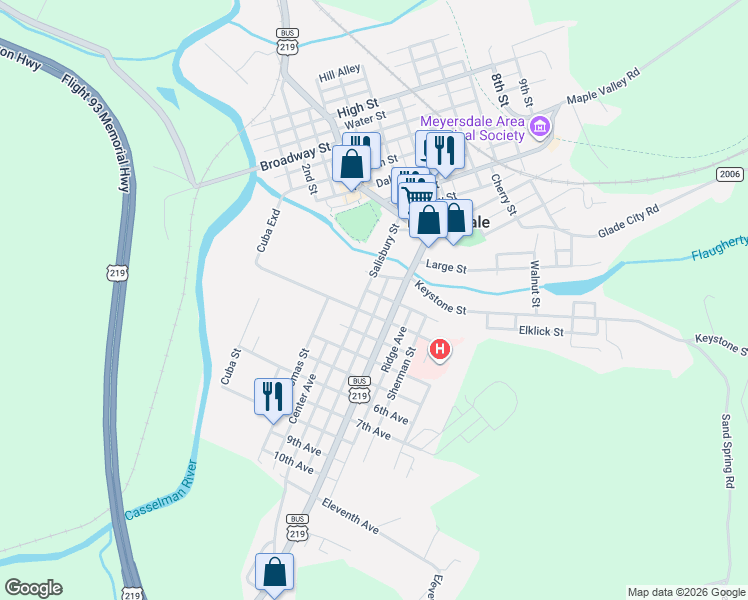 map of restaurants, bars, coffee shops, grocery stores, and more near 312 Front Street in Meyersdale