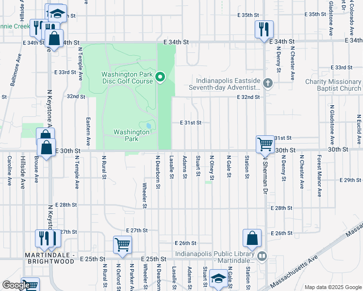 map of restaurants, bars, coffee shops, grocery stores, and more near 3029 North Lasalle Street in Indianapolis