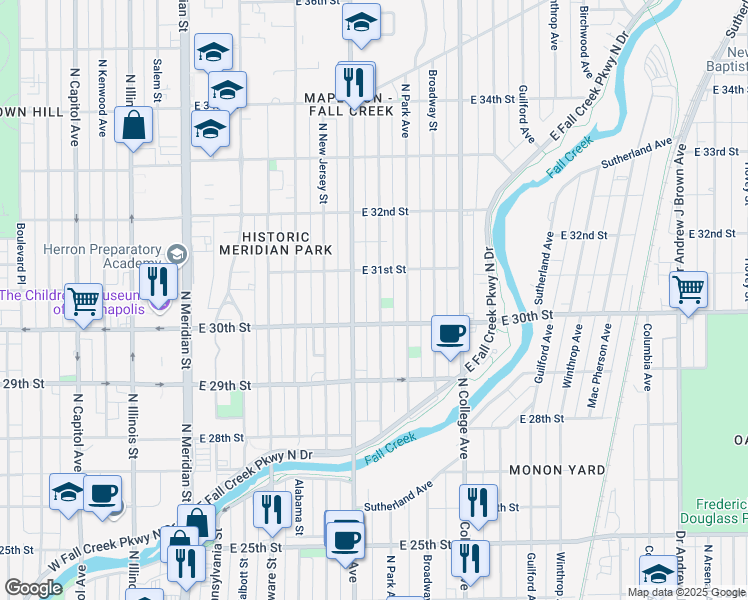 map of restaurants, bars, coffee shops, grocery stores, and more near 3041 Ruckle Street in Indianapolis
