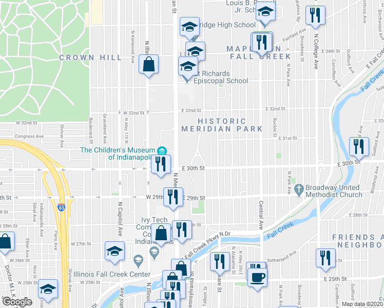 map of restaurants, bars, coffee shops, grocery stores, and more near 3048 North Pennsylvania Street in Indianapolis