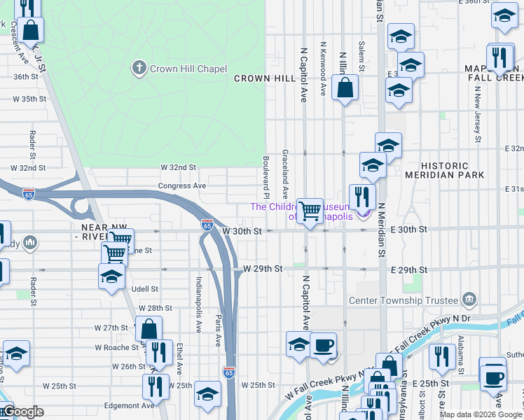 map of restaurants, bars, coffee shops, grocery stores, and more near 318 West 31st Street in Indianapolis
