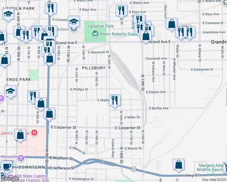 map of restaurants, bars, coffee shops, grocery stores, and more near 1501-1599 East Phillips Street in Springfield