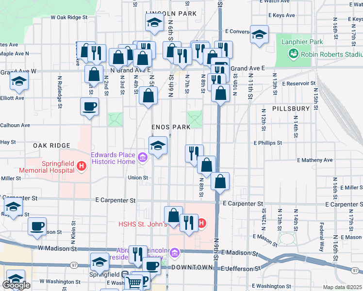 map of restaurants, bars, coffee shops, grocery stores, and more near 854 North 7th Street in Springfield
