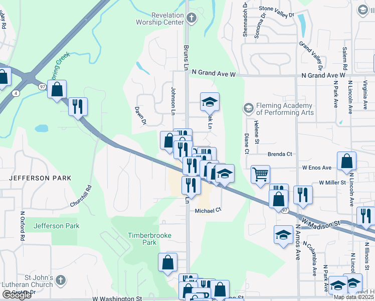 map of restaurants, bars, coffee shops, grocery stores, and more near 808 Bruns Lane in Springfield