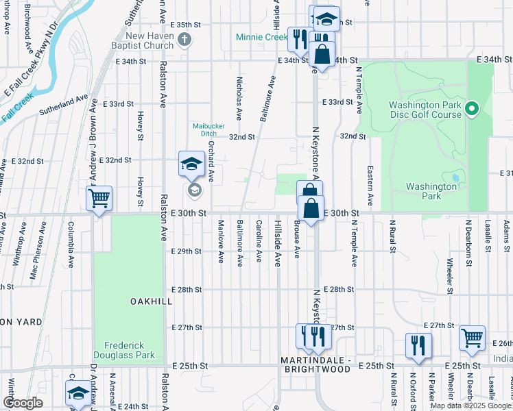 map of restaurants, bars, coffee shops, grocery stores, and more near 3015 Baltimore Avenue in Indianapolis