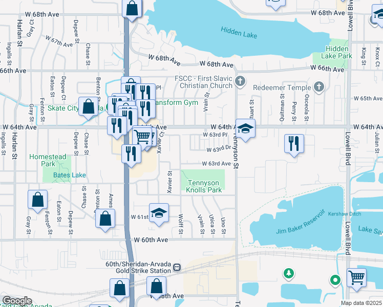 map of restaurants, bars, coffee shops, grocery stores, and more near 6345 Winona Street in Arvada