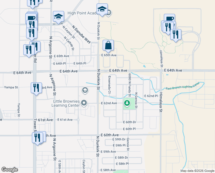 map of restaurants, bars, coffee shops, grocery stores, and more near 6322 Dunkirk Court in Aurora