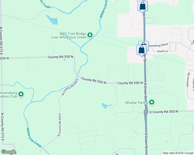 map of restaurants, bars, coffee shops, grocery stores, and more near 6668 County Road 350 North in Brownsburg