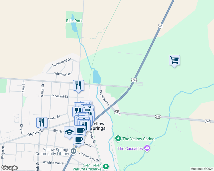 map of restaurants, bars, coffee shops, grocery stores, and more near 110 West Yellow Springs-Fairfield Road in Yellow Springs