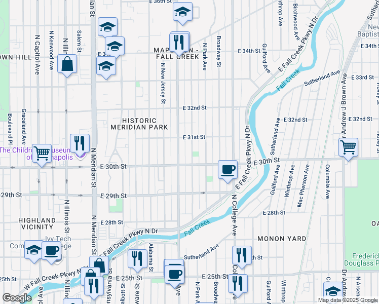 map of restaurants, bars, coffee shops, grocery stores, and more near 3028 Ruckle Street in Indianapolis