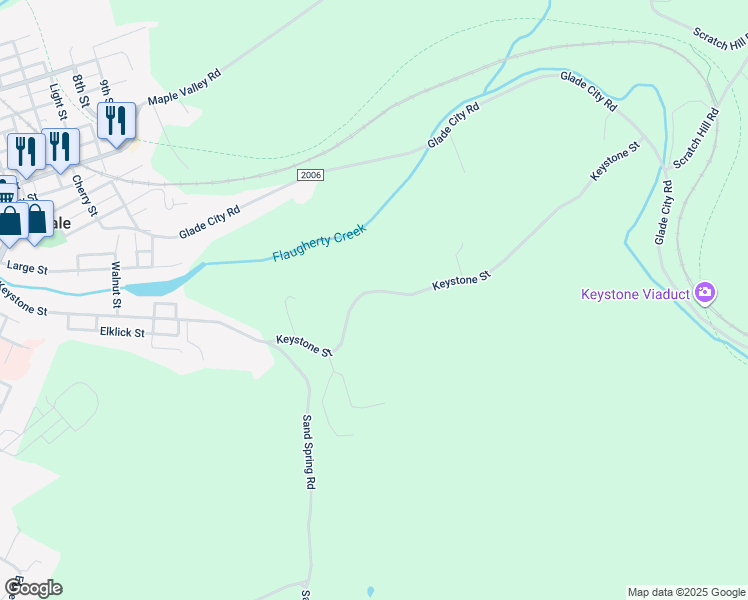 map of restaurants, bars, coffee shops, grocery stores, and more near 618 Keystone Street in Meyersdale