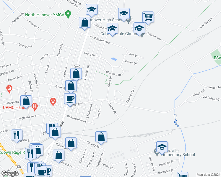 map of restaurants, bars, coffee shops, grocery stores, and more near 844 Grant Drive in Hanover