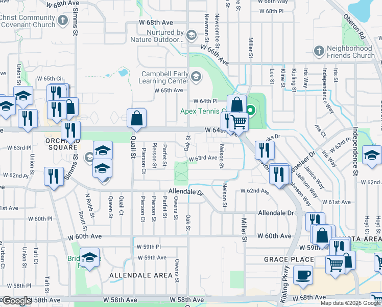 map of restaurants, bars, coffee shops, grocery stores, and more near 6350 Oak Street in Arvada