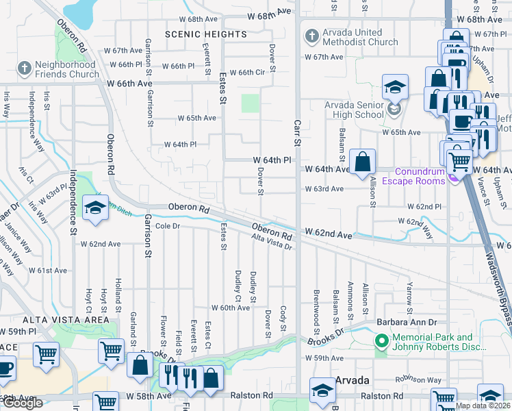 map of restaurants, bars, coffee shops, grocery stores, and more near 6215 Dover Street in Arvada