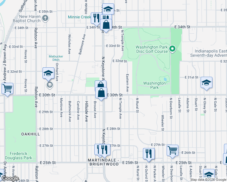 map of restaurants, bars, coffee shops, grocery stores, and more near 3022 North Temple Avenue in Indianapolis