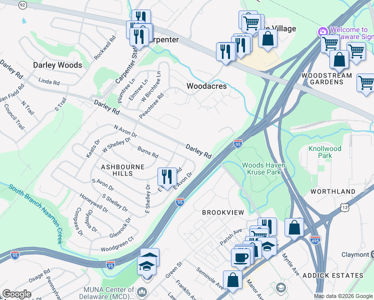 map of restaurants, bars, coffee shops, grocery stores, and more near 515 Darley Road in Claymont