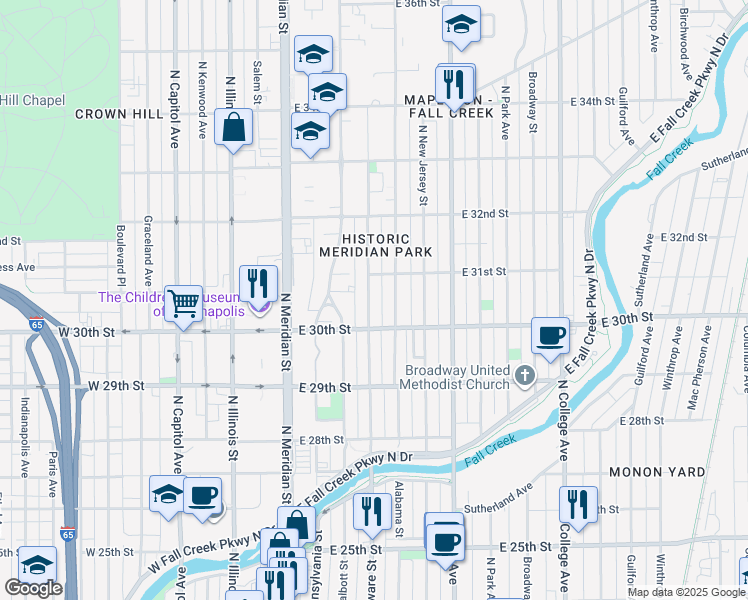 map of restaurants, bars, coffee shops, grocery stores, and more near 3050 North Washington Boulevard in Indianapolis