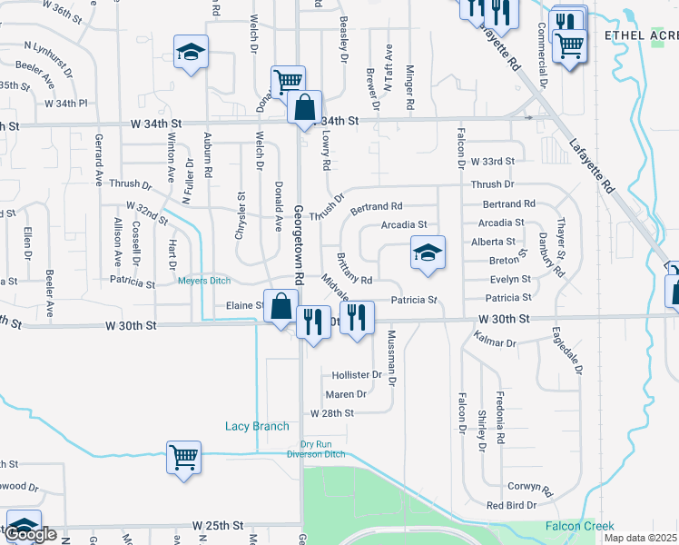 map of restaurants, bars, coffee shops, grocery stores, and more near 4601 Brittany Road in Indianapolis