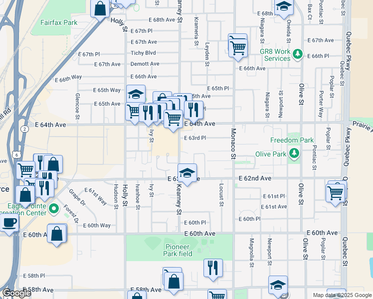 map of restaurants, bars, coffee shops, grocery stores, and more near 6140 East 63rd Place in Commerce City