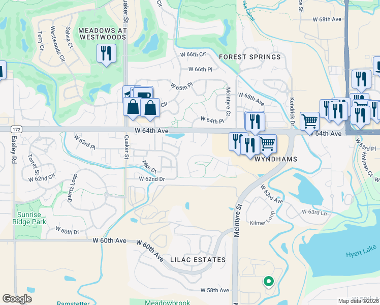 map of restaurants, bars, coffee shops, grocery stores, and more near 15885 West 63rd Avenue in Arvada