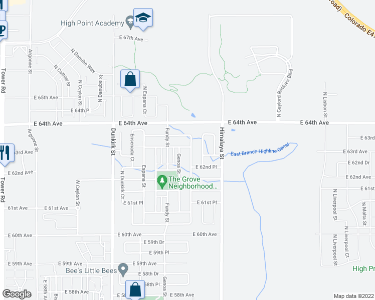 map of restaurants, bars, coffee shops, grocery stores, and more near 6313 North Genoa Way in Aurora