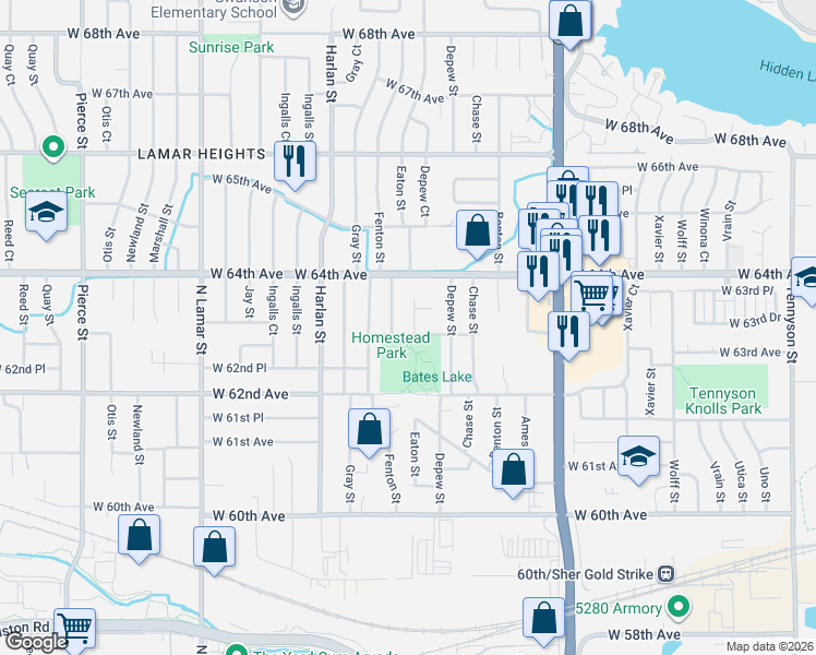 map of restaurants, bars, coffee shops, grocery stores, and more near 5644 West 63rd Place in Arvada