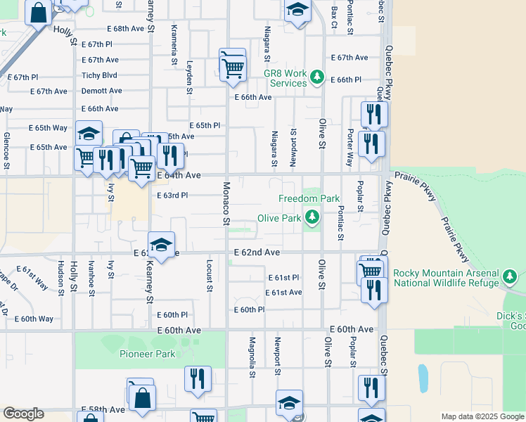 map of restaurants, bars, coffee shops, grocery stores, and more near 6841 East 62nd Avenue in Commerce City