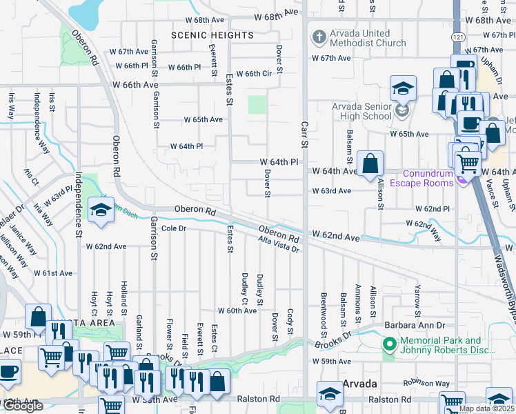 map of restaurants, bars, coffee shops, grocery stores, and more near 8656 West 62nd Place in Arvada