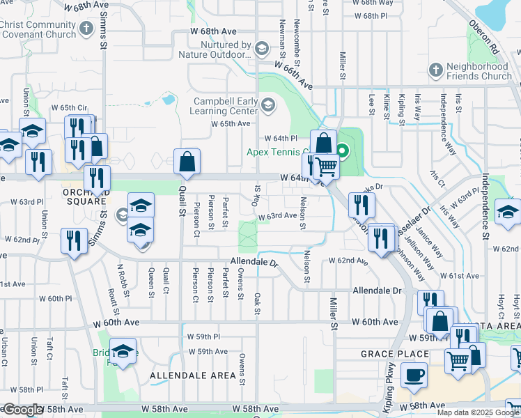 map of restaurants, bars, coffee shops, grocery stores, and more near 6350 Oak Street in Arvada