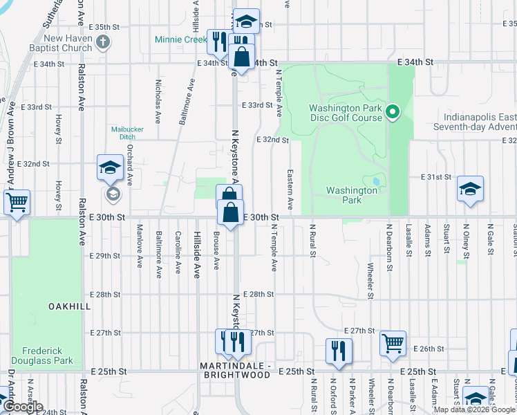 map of restaurants, bars, coffee shops, grocery stores, and more near 3022 North Temple Avenue in Indianapolis