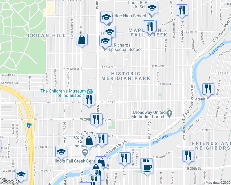 map of restaurants, bars, coffee shops, grocery stores, and more near 3051 North Pennsylvania Street in Indianapolis
