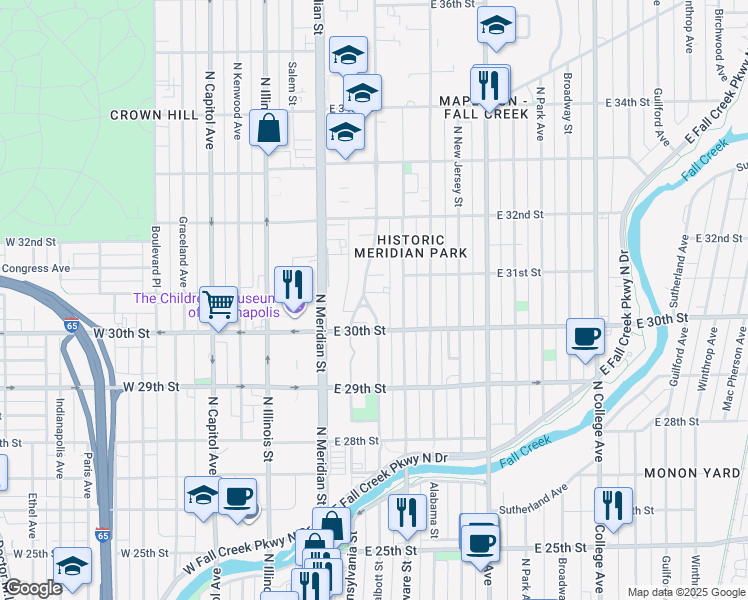 map of restaurants, bars, coffee shops, grocery stores, and more near 3051 North Pennsylvania Street in Indianapolis