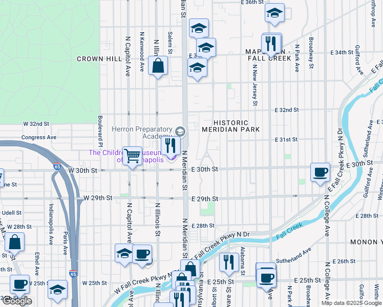 map of restaurants, bars, coffee shops, grocery stores, and more near 3048 North Pennsylvania Street in Indianapolis